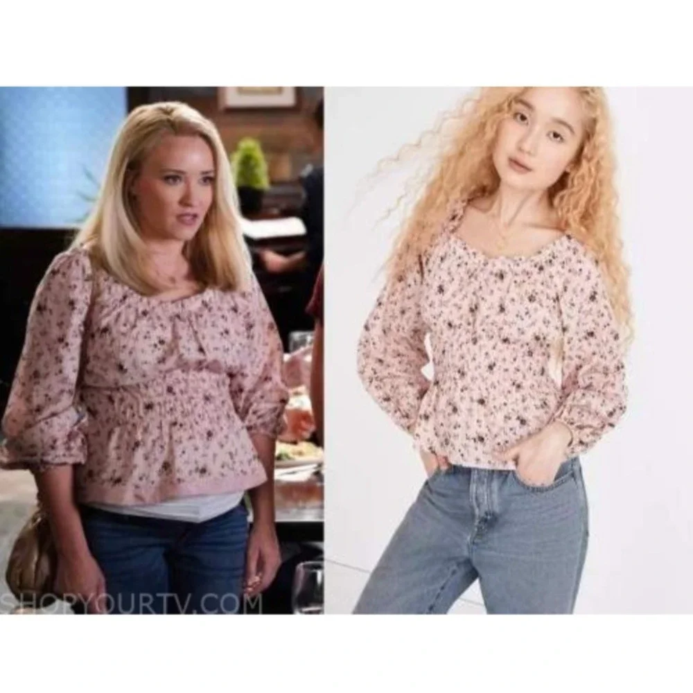 Madewell Sophia Top Bouquet Floral XS Pink Smocked Puff Sleeve Cottage Ruffle‎
